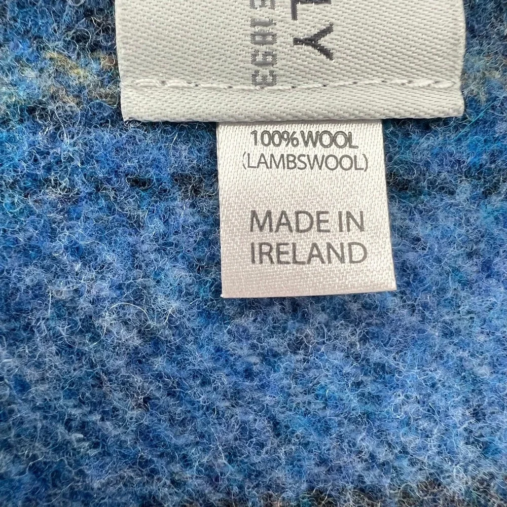 John Hanly 100% Lambswool Scarf Made in Ireland Blue Plaid Fringed Men Accessory
